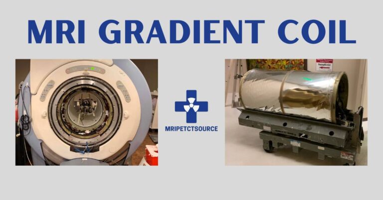 mri gradient coil showing front of magnet with gradient coil and MRI gradient coil on transport cart