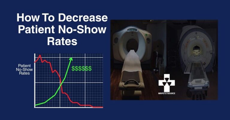 Darkened MRI and CT machines with graph showing patient no-show rates decreasing and revenue increasing, illustrating how to decrease patient no-show rates.